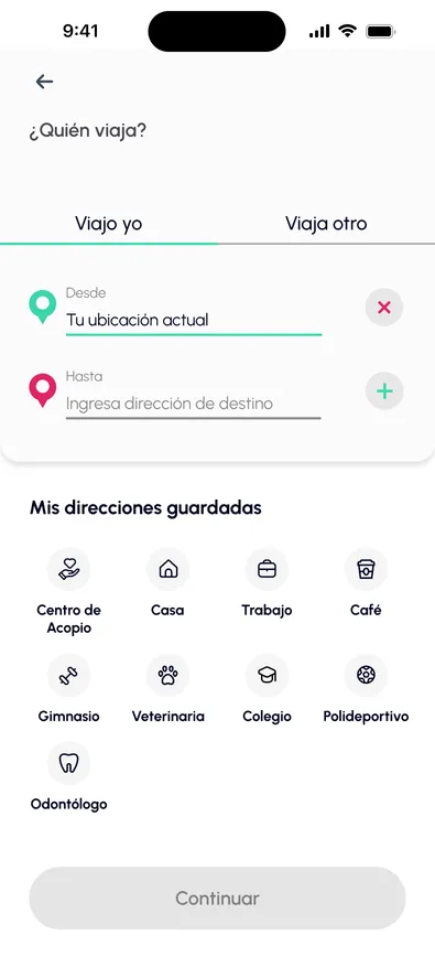 Pantalla de la app de Ridery seleccionando el Centro de Acopio como destino